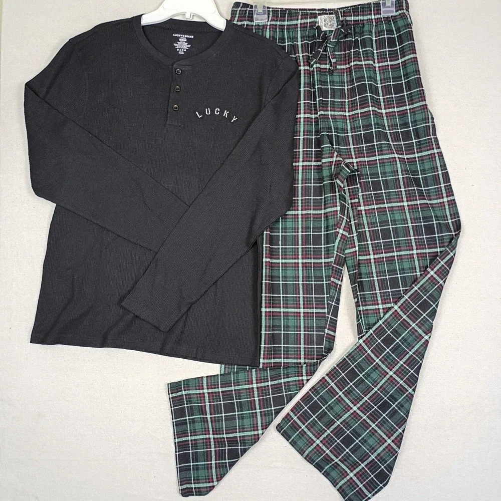 Lucky Brand Mens Pajama Set Medium Black Waffle Henley Black Green Plaid Pants